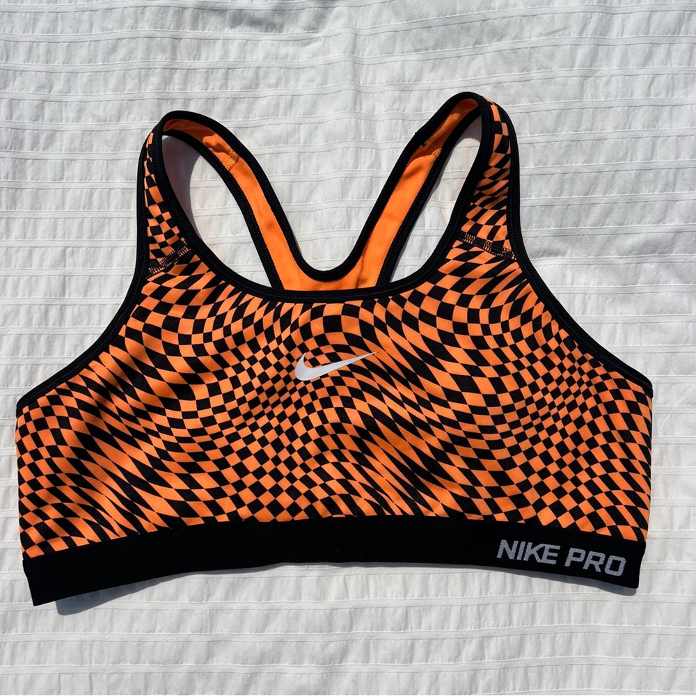 Nike Pro Black and Orange Checkered Racerback Sports Bra, XL